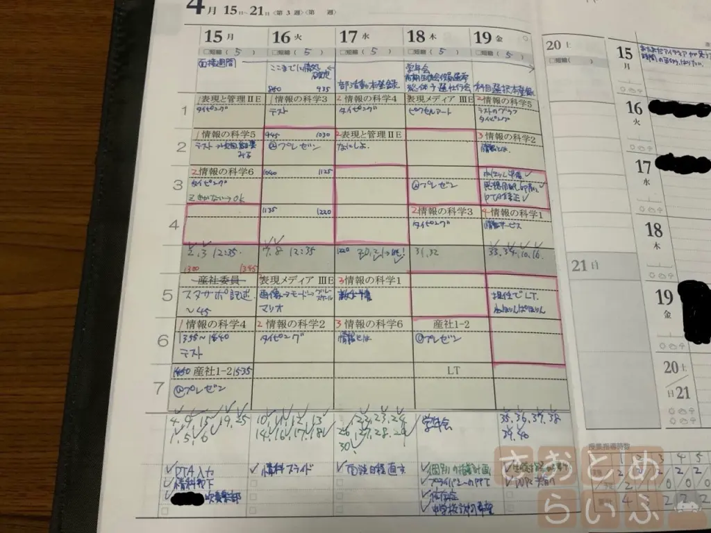 週間計画表の左ページ部分